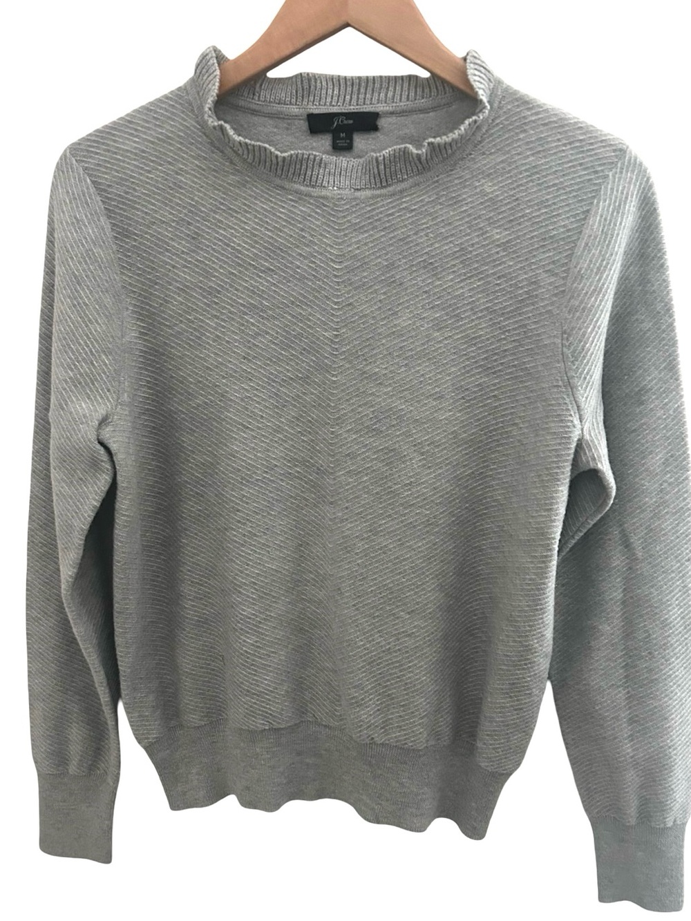 J. Crew Ruffle Neck Diagonal Knit Sweater Gray Size Medium